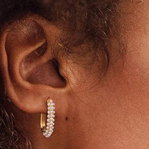 Gold and Pearl Rectangle Hoops Rectangular Pretty Hoop Earrings Pave Pearls New - Picture 5 of 8